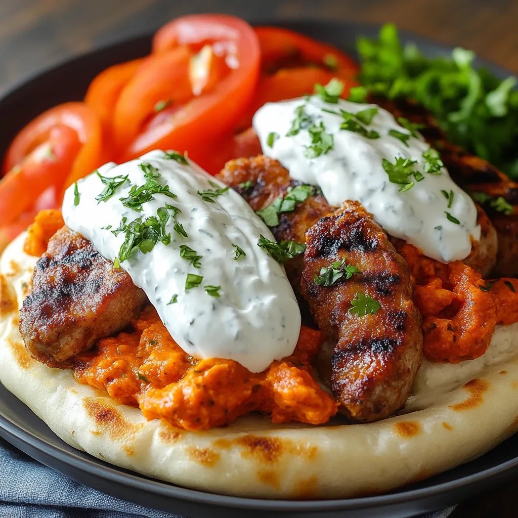 Tomaten-Kritharaki mit veganen Cevapcici und Tzatziki