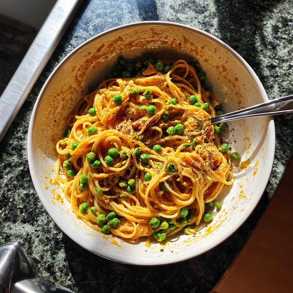 Curry-Lachs-Pasta mit Erbsen