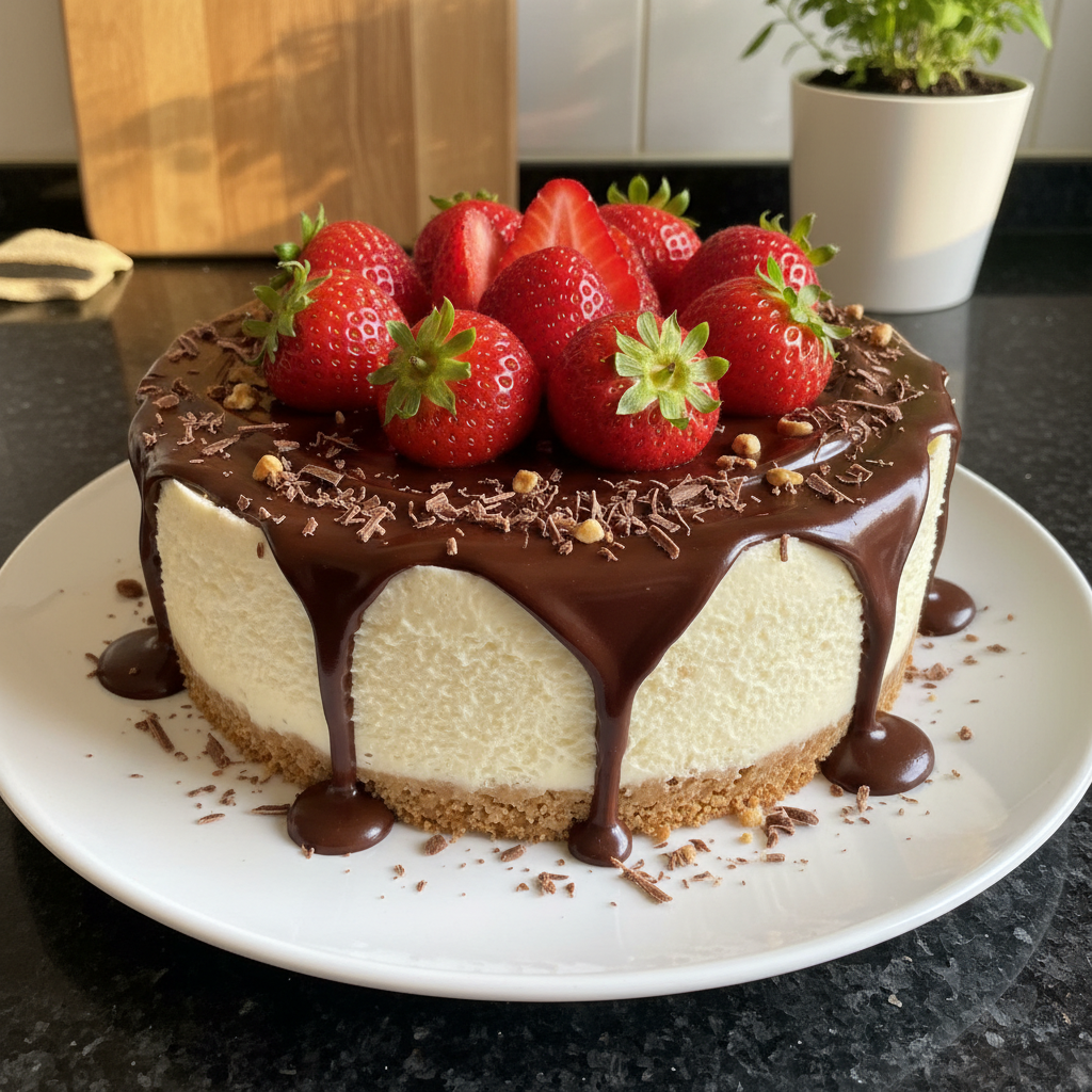 Schokoladenüberzogener Erdbeer Käsekuchen