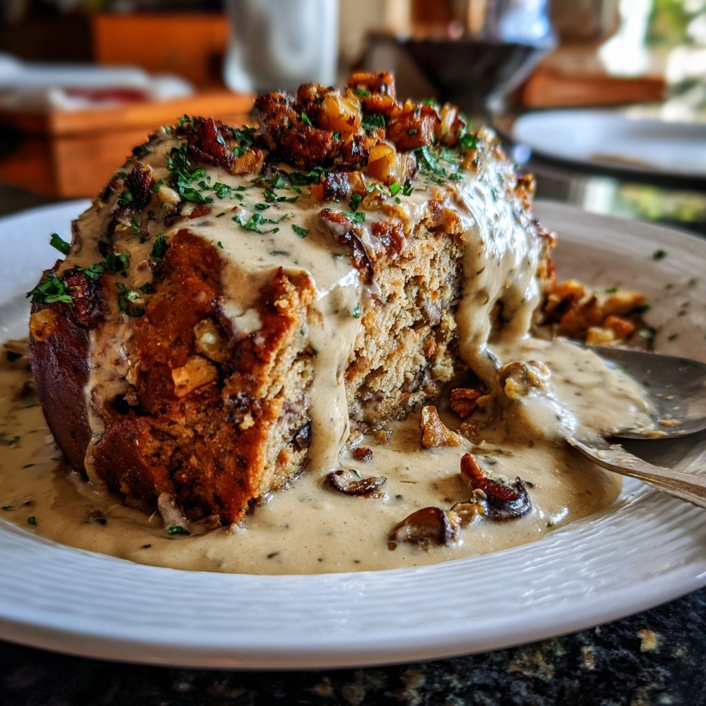 Vegetarischer Nussbraten mit Pilzrahmsoße​